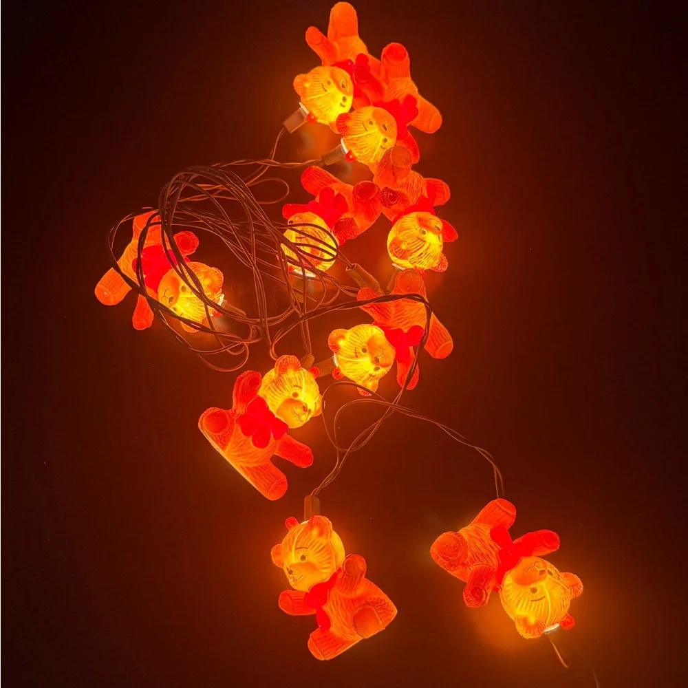 Vintage Lights Teddy Bear Blow Mold String Christmas Holiday Bow Brown Set of 10